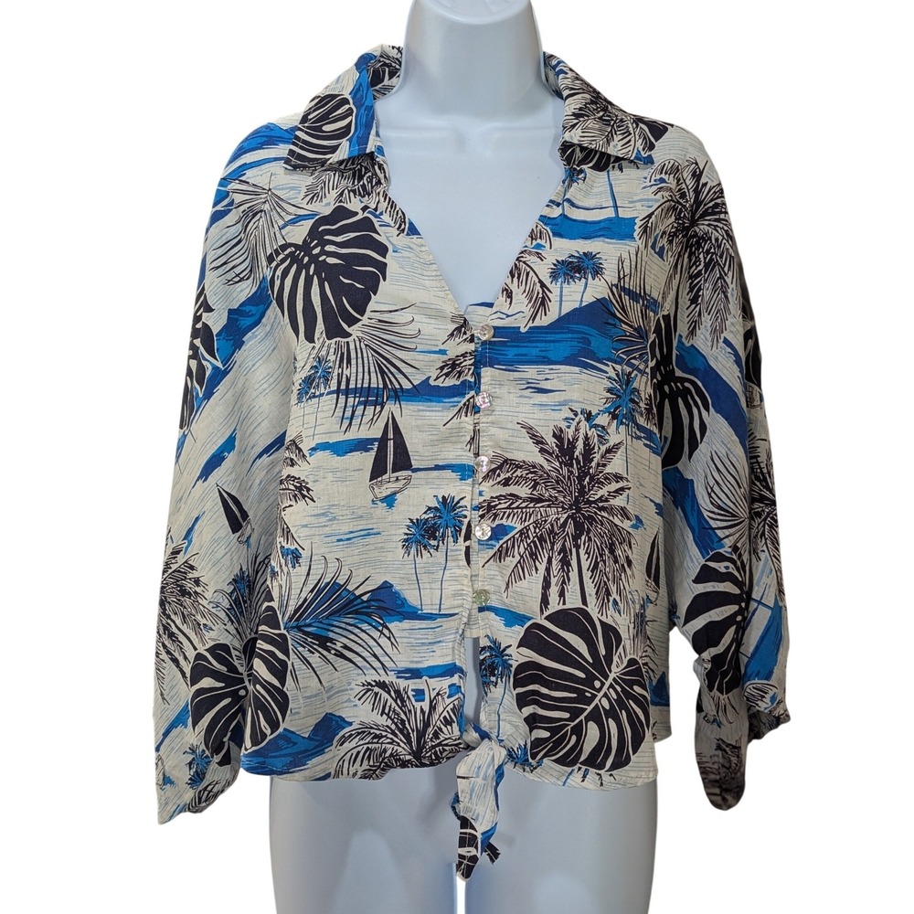 C&C California Womens Tropical Palm Sailboat Linen Blend Tie Front Shirt Large